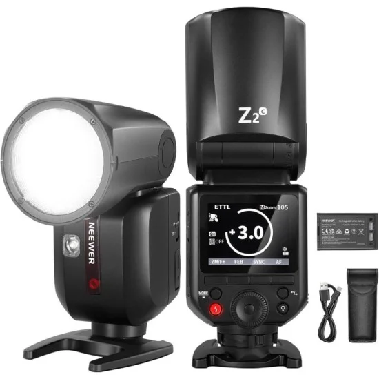 neewer z2-s ttl round head flash speedlite with 3000mah lithium battery and diffuser _ black